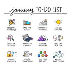 an image of the january to - do list with icons and words on it, including