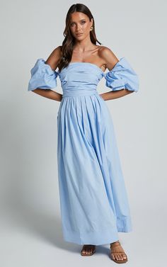 Annie Midi Dress - Off The Shoulder Ruffle Sleeve Pleated Dress in Pale Blue | Showpo USA Spring Formal Ruched Off Shoulder Dress, Summer Formal Off Shoulder Dress With Ruffles, Ruched Off Shoulder Dress For Summer Formals, Spring Billowy Midi Dress For Party, Spring Ruched Off Shoulder Dress For Evening, Spring Dresses With Pleated Billowy Sleeves, Ruched Off Shoulder Dress For Spring Evening, Spring Formal Off Shoulder Midi Dress, Chic Off Shoulder Puff Sleeve Dress For Spring