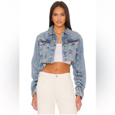 Free People Cropped Denim Jacket New With Tags Free People Jean Jacket, Trucker Jacket Women, People Brand, Denim Trucker Jacket, Ruched Sleeve, Latest Tops, Jean Jacket Women, Free People Jacket, Belted Jacket