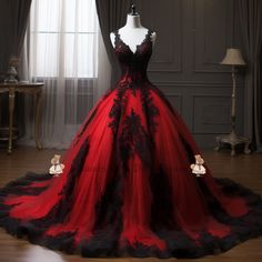 New Red and Black Lace Applique Ball Gown Wedding Dress Robe De Mariage Plus Size Full-Length Bridal Gown Bride Dress W3-2.20 sold by Liaumin on Storenvy Black Wedding Gowns, Prom Dress With Train, Red Wedding Dress, Lace Applique Wedding Dress, Prom Dress Plus Size, Pretty Prom Dresses, Prom Formal, Black Wedding Dresses, Fantasy Dress