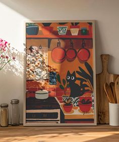 a kitchen scene with pots, pans and utensils on the counter top