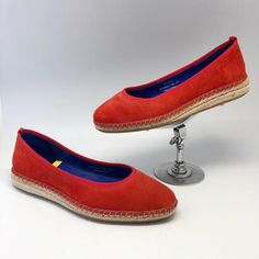 Modern does 1940s SZ:7 orange suede round toe flat espadrilles. These feature a soft suede exterior, round toe, natural flat espadrille foot bed, all blue leather interior, and rubber soles! MEASUREMENTS Interior length: 9 1/4”Interior width: 3”Exterior width: 3 3/8”Heel height: 1”These are in great condition and appears to have only been worn once or twice ✨ Suede Espadrilles With Woven Sole And Closed Toe, Slip-on Espadrilles With Contrast Sole And Round Toe, Suede Closed Toe Espadrilles With Rubber Sole, Suede Closed-toe Espadrilles With Rubber Sole, Closed Toe Suede Espadrilles With Leather Sole, Casual Slip-on Flats With Suede Lining, Suede Espadrilles With Contrast Sole And Round Toe, Suede Closed Toe Espadrilles With Stitched Sole, Closed Toe Suede Espadrilles With Stitched Sole