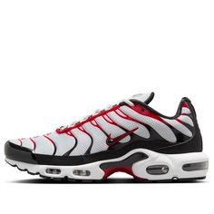 Nike Air Max Plus 'Pure Platinum Black Red' FN6949-002 Red Air Max Cushioned Sneakers, Nike Red Functional Sneakers, Functional Red Nike Sneakers, Nike Functional Red Running Shoes, Red Running Shoes With Air Cushioning For Light Sports, Nike Red Dynamic Running Shoes, Red Nike Running Shoes Dynamic Style, Dynamic Red Nike Running Shoes, Nike Air Max Red With Air Cushioning