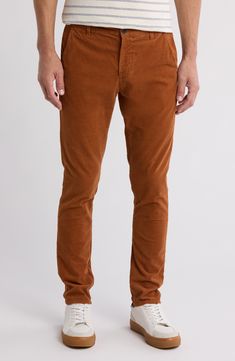 Chino pants with a clean, slim leg are cut from a cotton-blend twill that's soft, a little stretchy and gently faded for a casual look. 11" rise, 31.5" inseam (size 33) Zip fly with button closure Front slash pockets 98% cotton, 2% elastane Machine wash, tumble dry Imported Slim Fitted Pants With Five Pockets, Brown Straight Leg Chino Bottoms, Brown Straight Leg Cotton Chinos, Brown Cotton Straight Leg Chinos, Fitted Brown Chinos With Straight Leg, Fitted Brown Chinos Straight Leg, Fitted Slim Cotton Bottoms, Fitted Brown Cotton Bottoms, Chino Cotton Twill Bottoms With Five Pockets, Straight Leg