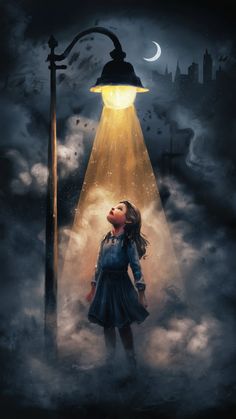 a girl looking up at a street light in the sky with clouds and fog around her