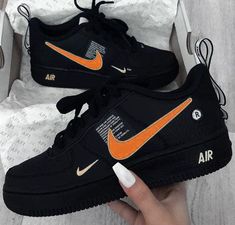 Orange Black Custom Air Force 1-shecustomize Neon Nike Shoes, Jordan Shoes Girls, Custom Nike Shoes, All Nike Shoes, Purple Sneakers, Custom Air Force 1, Nike Air Shoes, Zig Ziglar, Cute Nike Shoes