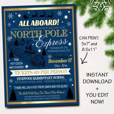 the north pole express flyer is shown next to a pine tree with snowflakes