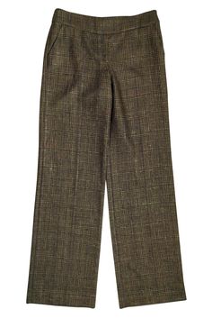 Current Boutique-Escada - Green Lurex Plaid Tweed Pants Sz 6 Tweed Bottoms For Workwear In Fall, Formal Plaid Wide Leg Bottoms, Fall Tweed Bottoms For Work, Formal Tweed Pants For Fall, Plaid Tweed Bottoms For Fall, Elegant Plaid Pants For Office, Elegant Plaid Pants For Workwear, Plaid Wide Leg Formal Pants, Plaid Wide Leg Pants For Formal Occasions