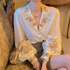 Portrait of a picture displaying Women's Golden Embroidery Shirt product. Women Blouses Fashion, Elegant Embroidery, Floral Embroidered Top, Long Sleeve Floral Top, Elegant Blouses, 가을 패션, Inspired Outfits, Vintage Shirts, Clothing Patterns