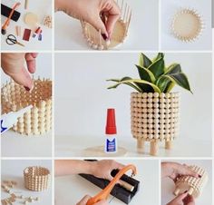 several pictures of different things made out of beads and wood sticks, including a potted plant