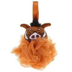 a stuffed animal hanging on a string with an orange tulle around it's neck