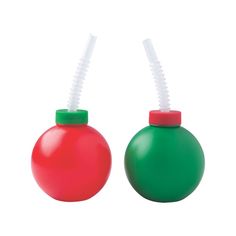 two green and red plastic bottles with straws in them on a white background, side by side