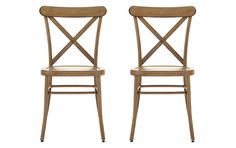 two wooden chairs side by side on a white background, one has a cross back and the other has a brown leather seat