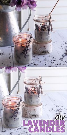 three pictures of lavender candles in mason jars