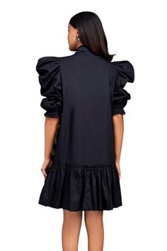 Black dress with gathered bottom and all over contrasting pleated frill detailing on front. - Aza Fashions Chic Voluminous Puff Sleeve Dress With Ruffles, Chic Puff Sleeve Knee-length Dress With Ruffle Hem, Chic Mini Dress With Ruffles And Bubble Hem, Black Puff Sleeve Dress With Ruffle Hem For Party, Black Dresses With Pleated Hem And Short Sleeves, Black Workwear Dresses With Gathered Sleeves, Black Short Sleeve Dress With Pleated Hem, Knee-length Puff Sleeve Dress With Ruffles For Daywear, Chic Knee-length Puff Sleeve Dress With Ruffles