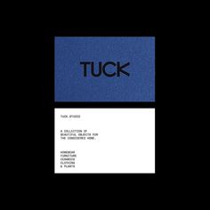 a black and blue business card with the word tuck on it's left side