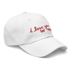 I love you so much! Based on the iconic Austin mural. ★ 100% chino cotton twill ★ Unstructured, 6-panel, low-profile ★ 6 embroidered eyelets ★ 3 ⅛" (7.6 cm) crown ★ Adjustable strap with antique buckle Cotton Dad Hat With Letter Embroidery And Flat Bill, White Cotton Dad Hat With Letter Print, Embroidered Cotton Dad Hat With Flat Brim, White Embroidered Cotton Baseball Cap, White Embroidered Cotton Dad Hat, White Cotton Dad Hat With Letter Embroidery, Cotton Dad Hat With Embroidered Text, Trendy Embroidered Cotton Dad Hat, Austin Murals