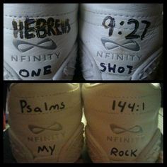 two pictures of shoes with the names of different people on them and one has an image of