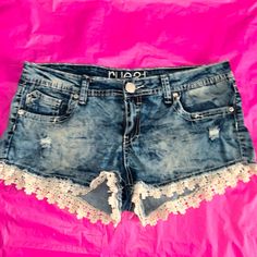 Never Worn Been Sitting In My Drawer For A Couple Years Acid Wash Type Of Look Floral Lace Trim Distressed Look Functional Pockets Size 7/8 Casual Bottoms With Lace Trim, Casual Shorts With Lace Trim, Casual Blue Bottoms With Lace Trim, Fitted Casual Shorts With Lace Trim, Casual Lace Trim Short Bottoms, Casual Stretch Shorts With Lace Trim, Lace Trim Shorts, Rue21, Acid Wash