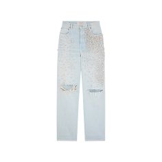 Golden Goose "Kim" jeans in distressed, bleached denim with crystal embellishments High rise Five-pocket style Relaxed, straight legs Cropped at the ankle Button/zip fly; belt loops Cotton Lining: Linen Dry clean Made in Italy Bleached Jeans, Jeans Store, Bleached Denim, Golden Goose Deluxe Brand, Golden Goose, Neiman Marcus, Levi Jeans, Embellishments, Bleach