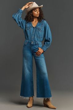 MOTHER The Lil Roller Fray Petite Jeans Mothers Jeans Denim, Wide Leg Jeans Outfit, Frayed Jeans, Blue Fits, Black Wedding Dresses, Petite Jeans, Romper With Skirt, Plus Dresses, Bottom Clothes