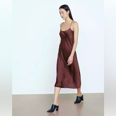 New, Never Worn Elegant Midi Slip Dress For Fall, Elegant Midi-length Slip Dress For Fall, Elegant Midi Length Slip Dress For Fall, Chic Brown Slip Dress With Spaghetti Straps, Brown Silk Midi Dress, Elegant Spaghetti Strap Dresses For Fall, Chic Fitted Brown Slip Dress, Chic Brown Midi Dress With Spaghetti Straps, Brown Evening Slip Dress For Spring