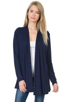 Wrap up with this cardigan for style in any outfit. Pair it with any top and some skinny jeans for a complete casual look. It can easily be worn at the beach over a bathing suit or at the office for warmth and style. So versatile and comfortable that you will make this your all-season outwear. This comfortable cardigan features long sleeves and open front draping. It is made with soft jersey knit that has great drape and stretch. 95% Rayon 5% Spandex Imported Model is wearing size Small. Her hei Short Sleeve Vest, Jersey Cardigan, Women's Cardigans, Jeans Long, Carhartt Women, Ladies Turtleneck Sweaters, Long Sleeve Jersey, Long Sleeve Knit Tops, Long Cardigan