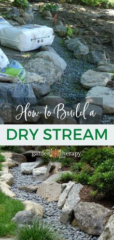 how to build a dry stream in your garden or backyard with rocks and stones for drainage