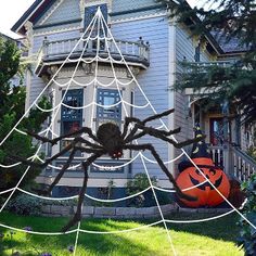 a large spider web in front of a house with a pumpkin on it's back