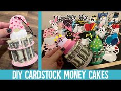 two pictures with money in them and the words diy cardstock money cakes