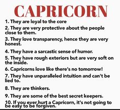 a poster with the words capricorn written in red and black on white paper