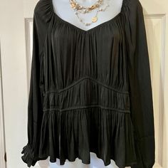 Brand New, Never Worn! Nine West Women’s Long Sleeve Top With A Sweetheart Neckline And Peplum. Runs Small, So Size Up From Your Normal Size. Necklace Is Available For Sale Nwot. See Separate Listing For Necklace. Smoke Free Home! Chic Black Peasant Top For Spring, Casual Black Flowy Blouse, Casual Black Flowy Tops, Black Rayon Top With Relaxed Fit, Black Rayon Tops With Relaxed Fit, Casual Black Rayon Tops, Black Casual Rayon Tops, Chic Black Rayon Top, Chic Black Rayon Blouse