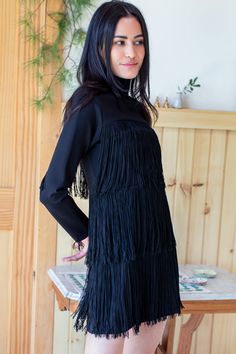 Short Fringe Dress - Black Ponte - Emerson Fry Body Bracelet, Black Fringe Dress, Mom Fall, Emerson Fry, Fringe Mini Dress, Turtleneck Dress, Short Fringe, Holiday Party Outfit, Fringe Dress