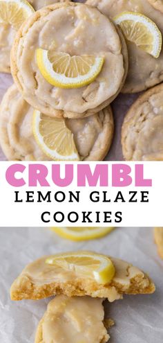 lemon glaze cookies are stacked on top of each other with the words crumbl