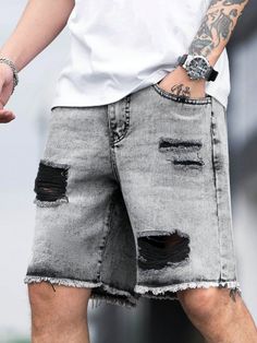 Light Grey  Collar  Denim Plain Bermuda Embellished Non-Stretch  Men Clothing Purple Candles, Guys Clothing Styles, Shorts Denim, Tomboy Fashion, Short En Jean, Culture Kings, Men Clothing, Mens Denim, Short Pants