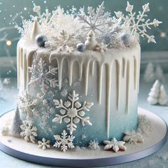 a frosted cake decorated with snowflakes and decorations