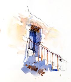 a watercolor painting of stairs and railings on a white wall with blue sky in the background