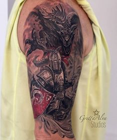 Dragon And Knight Tattoo, Dragon Knight Tattoo, Dragon Rider Tattoo, Knight And Dragon Tattoo, Knight Dragon, Tattoos Dragon, Around Arm Tattoo