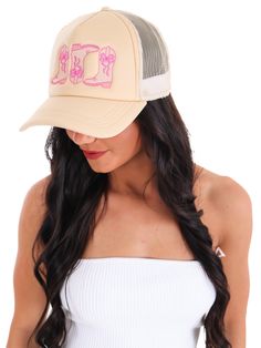 Yeehaw meets style in our Boot Bow Cowgirl Trucker Hat! This quirky hat features cowboy boots with bows that will make any cowgirl stand out. Perfect for a playful and fashionable look. Giddy up and grab one today! Trendy Hats For Kentucky Derby, Spring Trucker Hat For Country Events, Cream Summer Trucker Hat One Size, Western Style Summer Trucker Hat With Curved Brim, Western Style Trucker Hat For Summer Beach, Western Style Trucker Hat With Curved Brim For Summer, Western Style Trucker Hat For Beach In Summer, Western Style Summer Trucker Hat For Beach, Western Style Curved Brim Trucker Hat For Summer