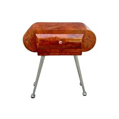 a wooden table with metal legs and a drawer on the top, against a white background