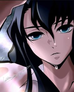 an anime character with blue eyes and black hair