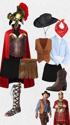 several different types of clothes and accessories are shown in this image, including boots, hats, scarves, vests