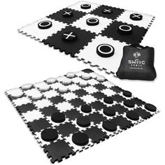 two pieces of black and white checkered foam with buttons on the front, and one piece