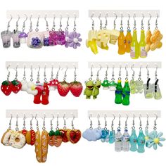 a bunch of key chains that have some items on them hanging from it's hooks