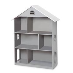 a toy doll house with shelves and doors on the front, gray walls and white roof