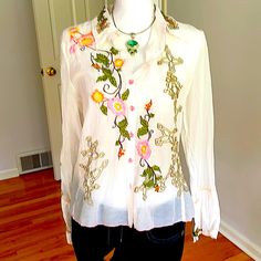 Chic And Stylish This Amazing White All Embroidered Blouse. In A Delicate Semi Sheer Soft And Light Material. Arm Pit To Arm Pit 19.5 And 21 Inch Long From Shoulder To Bottom. It Have An Amazing Semi Wrinkle Look. Would Fit A Size 4 Perfectly. Paid $245 . Used Once. Unfortunately A Bit Small For Me. I Will Accept Fair Offers For This Or Any Of My Unique Items. Casual Fitted Blouse With Intricate Embroidery, Long Sleeve Blouse With Resham Embroidery For Spring, Spring Long Sleeve Shirt With Resham Embroidery, Casual Blouse With Resham Embroidery, Casual Resham Embroidery Blouse For Spring, Casual Resham Embroidered Blouse For Spring, Bohemian Embroidered Shirt For Spring, Spring Blouse With Resham Embroidery, Casual Long Sleeve Blouse With Resham Embroidery