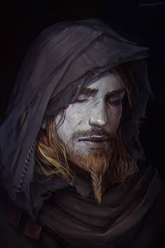 a drawing of a man with long hair wearing a hood