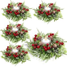 four christmas wreaths with candles and pine cones