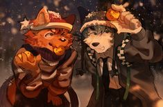 two foxes dressed in winter clothes standing next to each other