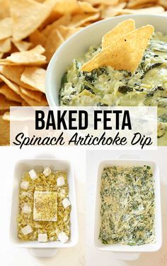 baked feta spinach artichoke dip with tortilla chips in bowls